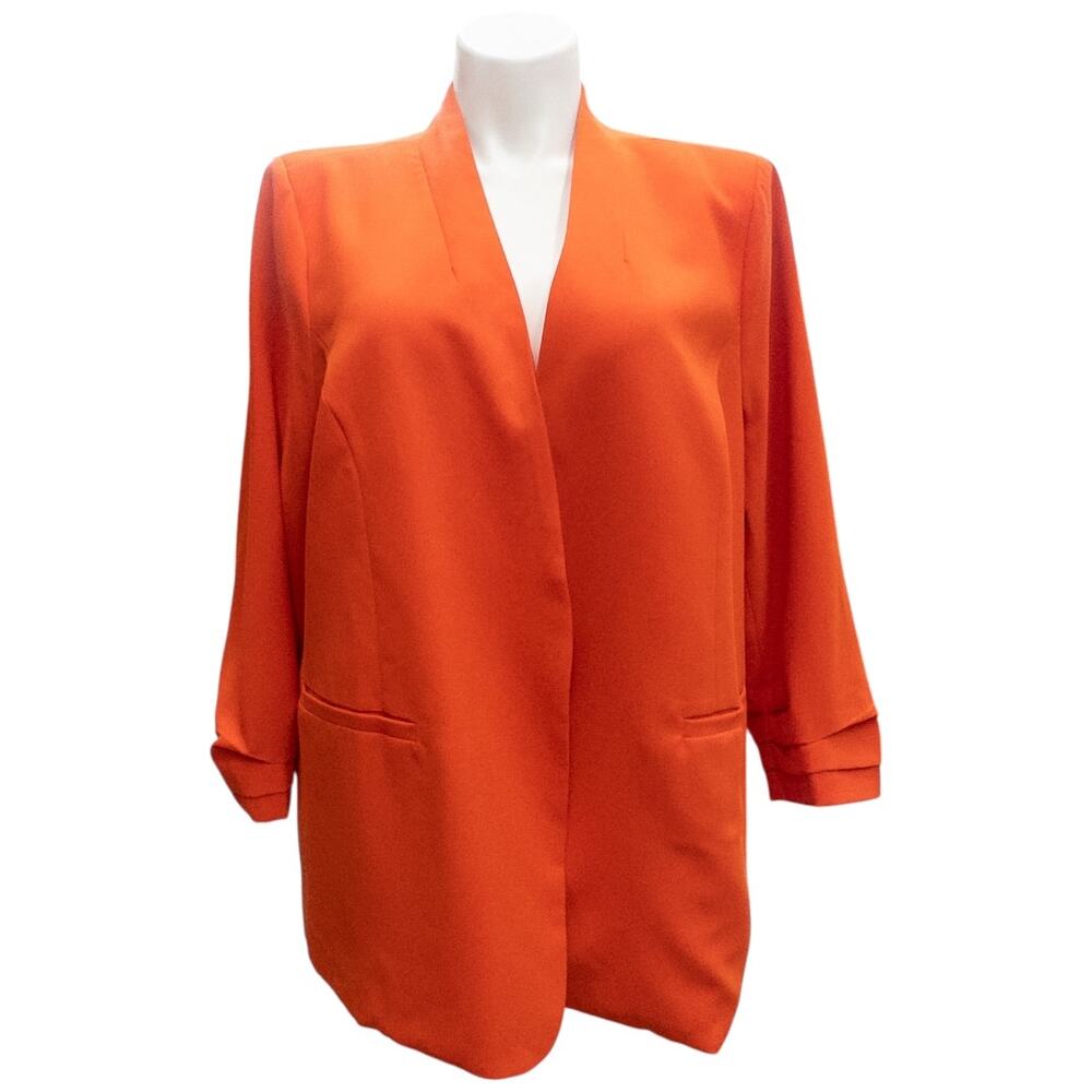 Skies Are Blue Shirred Sleeve Blazer 124922 Red Orange Open Front Women's 3X